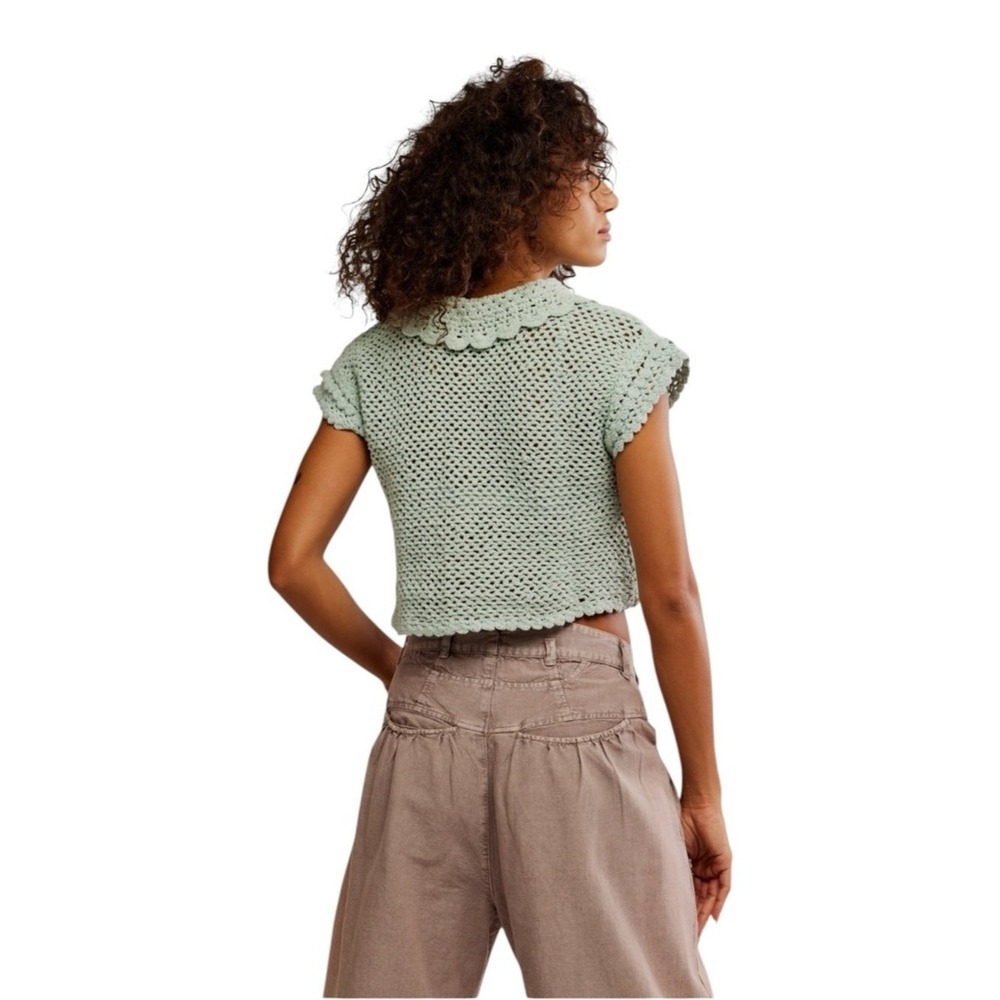 Free People Lily Crochet Cropped Spread Collar Button Down Top Aqua Blue XS - Picture 3 of 7